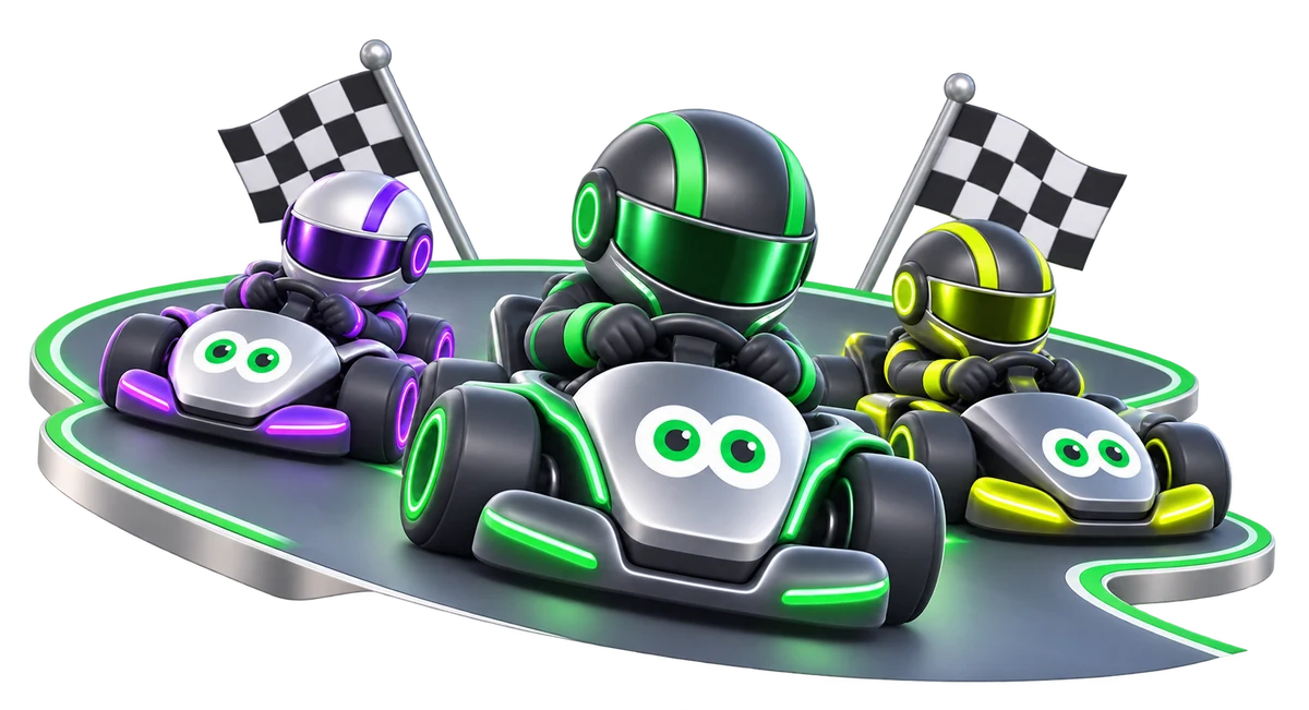 Three Gazino eye-branded racing karts and finish flags